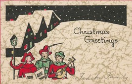 Vintage Christmas Card Carolers Banjo Houses Lamp 1929 - $8.90