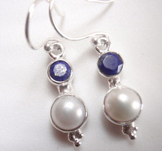Cultured Pearl and Faceted Lapis 925 Sterling Silver Dangle Earrings Small - £9.39 GBP
