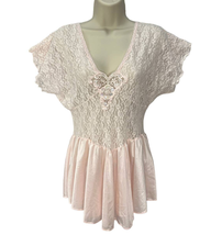 Vintage 90s Cinema Etoile Sheer Lace Nightgown Pink Size L Short Sleeve Mini - £47.44 GBP