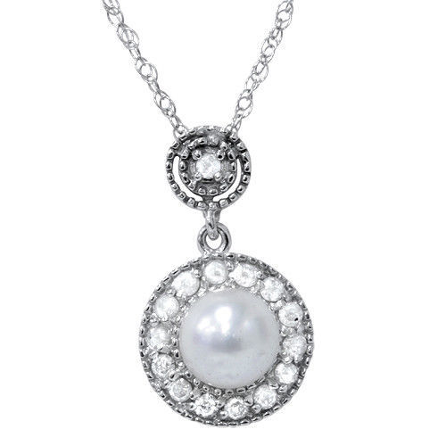 Diamond & Pearl Gatsby Vintage Style Dangle Pendant 14K White Gold - $149.99