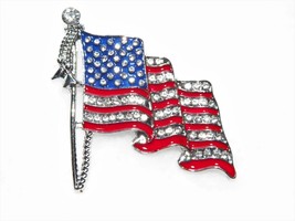 NEW Silver Patriotic Enamel Brooch Pin  American Flag Rhinestones - £12.44 GBP