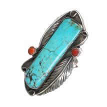 sz860&#39;s-70&#39;s Navajo sterling long turquoise/coral snake eye ring - £115.48 GBP