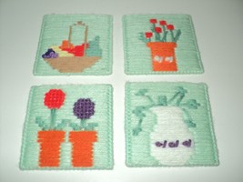 NEW Completed Lot of 4 Plastic Canvas Green Needlepoint Coasters Flowers &amp; Fruit - £8.17 GBP