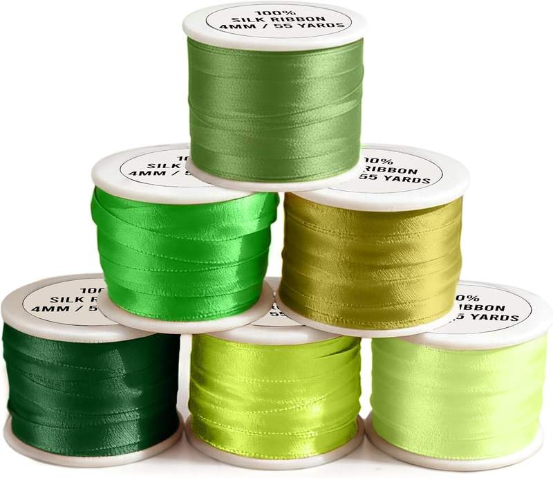 New Threadnanny 6 Spools of 100% Pure Silk Ribbons - Green Tones - 60 MTS X 4Mm Item image 8