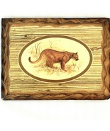 Vintage Mountain Lion Lithograph on Varnished Wood Wall Hanging - 7.75&quot; ... - £31.10 GBP