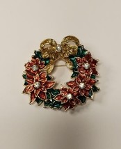 Christmas Brooch Wreath Enamel Gold tone Brooch Pin Rhinestone Red Green Gold - £8.64 GBP