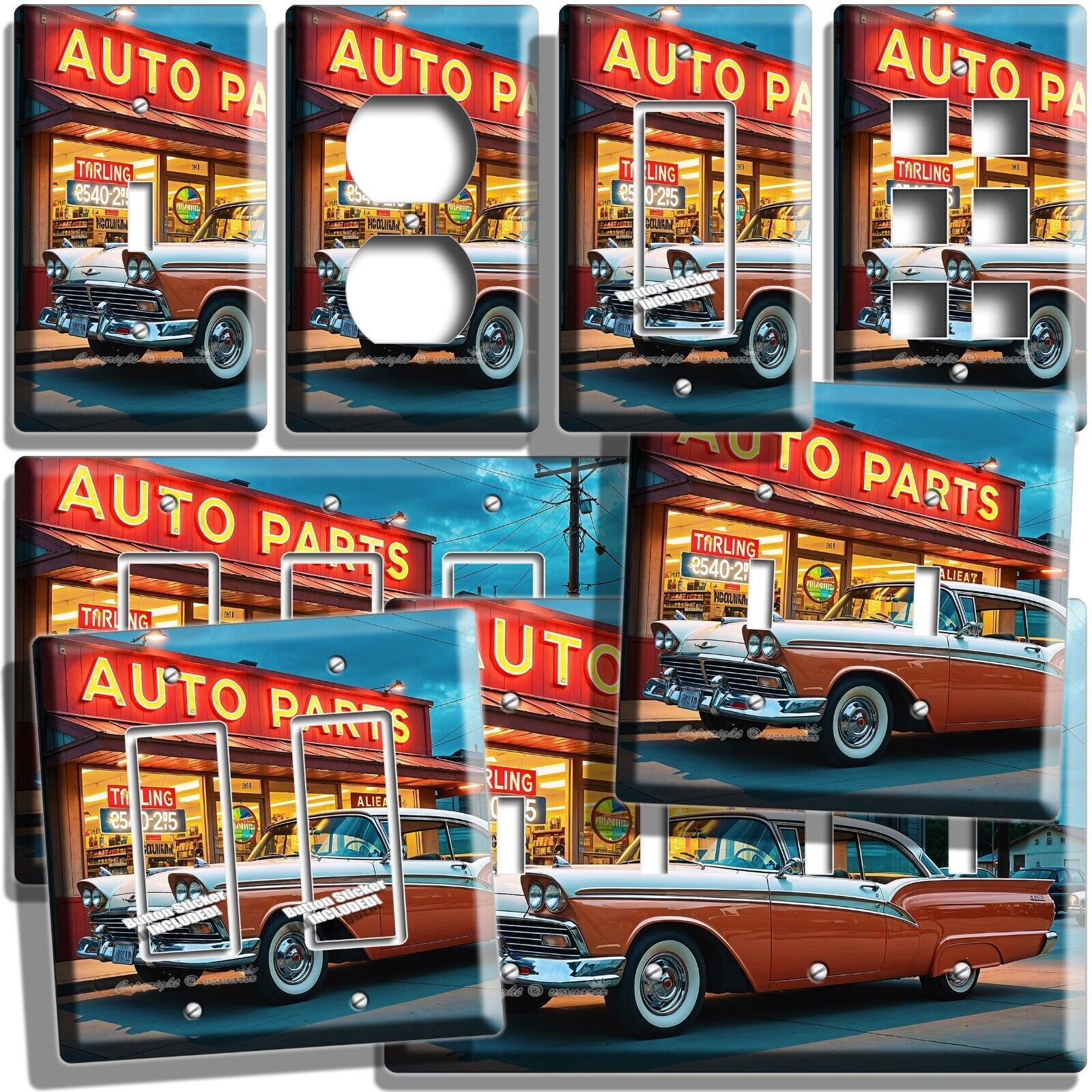 RETRO 50&#39;S CAR AUTO PARTS STORE LIGHT SWITCH OUTLET WALL PLATE GARAGE RO... - $9.09+