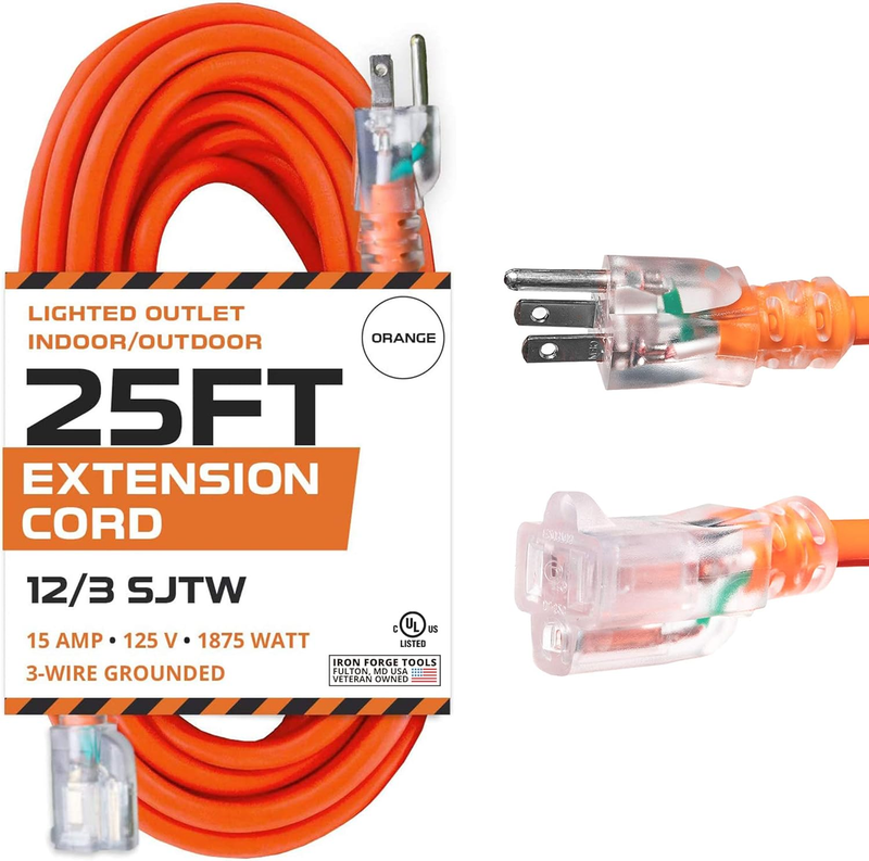 25 Ft Lighted Outdoor Extension Cord - 12/3 SJTW Heavy Duty Orange Weath... - $72.26