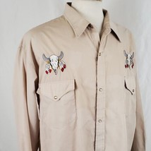 Round&#39;em Western Shirt XL Tan Embroidered Native Feathers Skull Cowboy Rodeo - £12.01 GBP