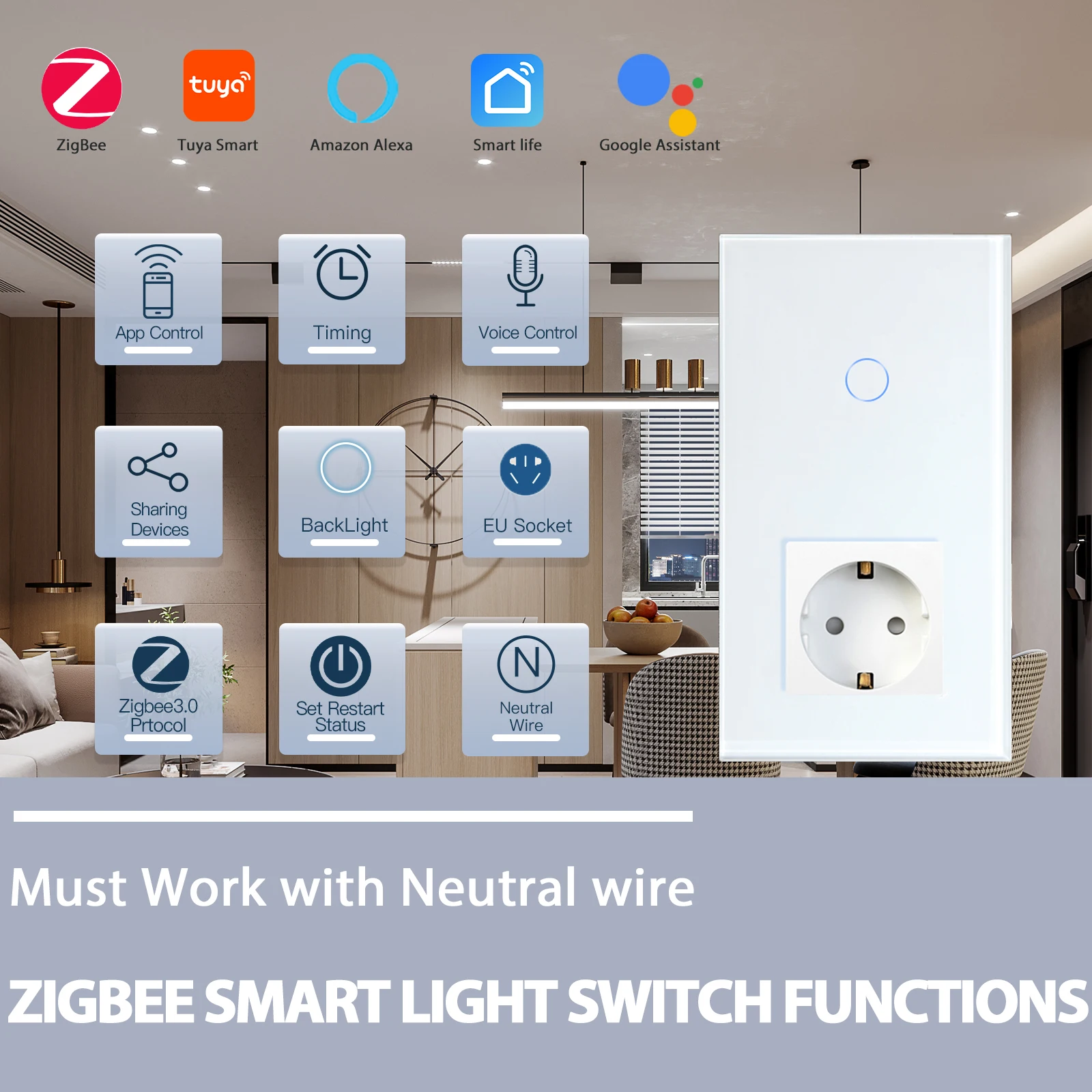 House Home BSEED ZigBee Touch Switches 1/2/3Gang 1/2/3Way Sensor Wall Light Swit - £64.50 GBP