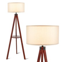 Tripod Floor Lamp Wood Standing Lamp with Flaxen Lamp Shade and E26 Lamp... - $94.95