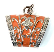 Silver Tone &amp; Orange Enamel Scarf Pendant Floral Design - £9.40 GBP