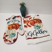 Fall Kitchen Linen Set, 3pc, Pumpkins Gather Autumn, Towels Oven Mitt, NWT - £13.57 GBP