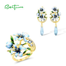 925 Sterling Silver Jewelry Set For Women Blue Stones White CZ Enamel Flower Ear - £116.99 GBP