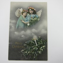 Christmas Postcard Girl Angels Blue &amp; Green Dress Clouds Tree Candle Antique - £7.94 GBP