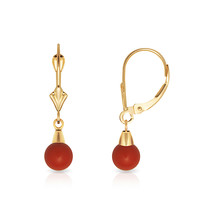 6mm Ball Shaped Red Coral Leverback Dangle Earrings 14K Solid Yellow Gold  - $78.49