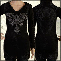 Cross Angel Wing Rhinestone Womens Long Sleeve Corset Tie Hoodie Top Dress Black - £38.71 GBP