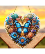 &quot;Heart Shaped Blue Butterfly Sun Catcher with Floral Design - €19,81 EUR