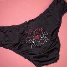 Victoria&#39;s Secret S,M Panty Black Pink Love Amour Amor Heart Crystallized Ruffle - £30.57 GBP