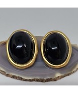 Vintage TRIFARI Black Lucite Cabochon Gold Tone Clip On Earrings - £19.50 GBP