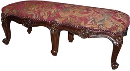 Footstool French Country Farmhouse Serpentine Ornate Carved Wood, Red Fabric - £481.69 GBP