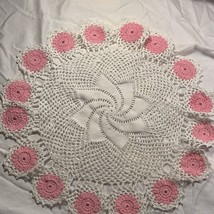 16” Vintage Hand Crochet Doily Round Table Topper Cover Tablecloth White/ Pink - £11.86 GBP