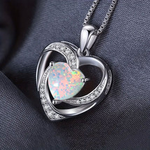 Crystal Heart Opal Pendant Necklace Silver - £10.46 GBP