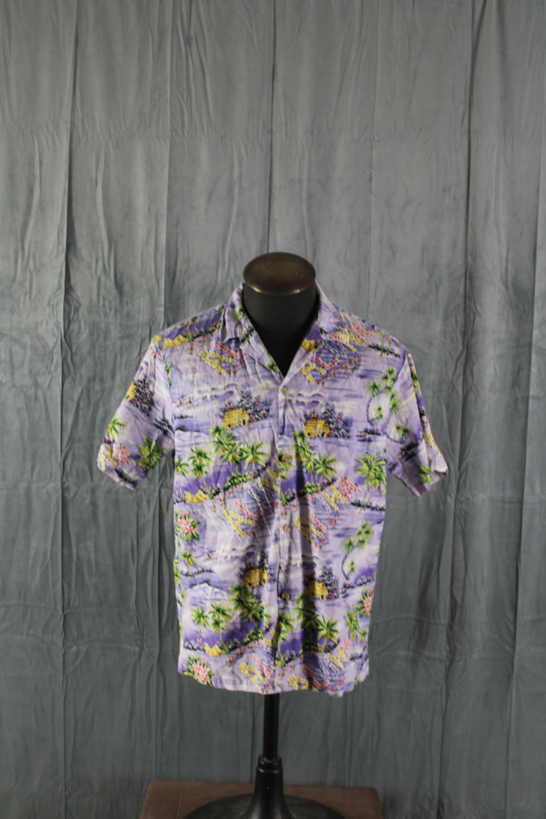 Primary image for Vintage Hawaiian Shirt -  Hut and Hula Pattern by Rainbow Hawaii - Men's Large