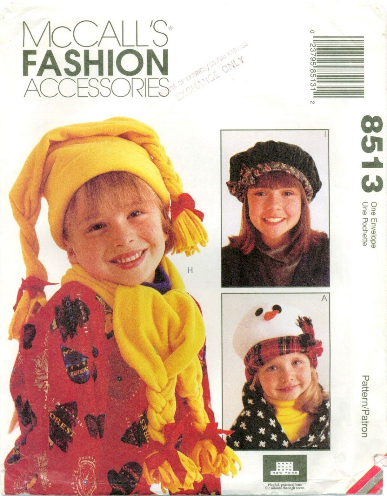 McCalls 8513 KIDS HATS Winter Abbe Gale Scarf sewing pattern UNCUT FF VTG 1996 - $9.87