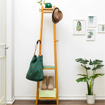 Bamboo Standing Hat Coat Rack Hall Tree 2 Tier Storage Shelf Entryway Furniture - £54.34 GBP