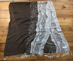 Pashmina Silk Swirl Wave Pattern Tassel Fringe Brown Beige Scarf Wrap Shawl - £32.04 GBP