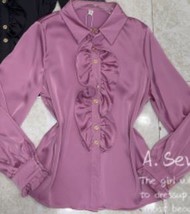 Vintage Court Style Laminated Ruffled Decorative Satin Long-Sleeved Shirt Women  - £101.52 GBP
