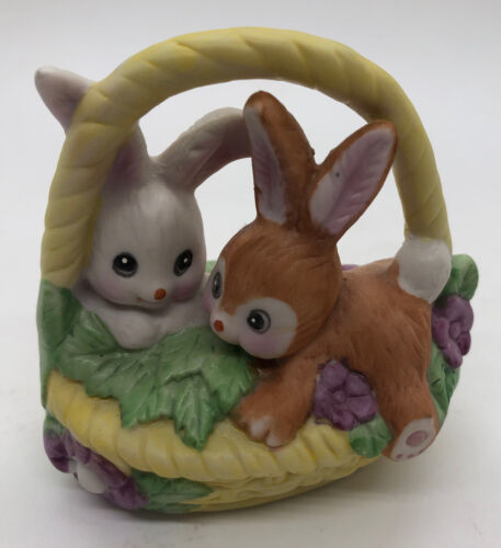 Russ Berrie Bunny Rabbit Easter Basket Ceramic Figurine Vintage 1979 #1045 - $22.76