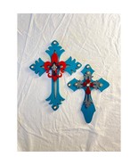 Pair of Turquoise Layered Wall Crosses – Rhinestones &amp; Red Fleur-de-Lis - €29,94 EUR