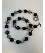 Black &amp; Silver Bead &amp; Aurora Borealis Cubed 19” Necklace 925 &amp; Marcasite... - €21,19 EUR