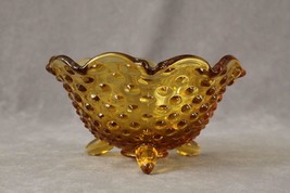 Vintage Art Glass FENTON Amber Three Footed Crimped Edge Bowl Hobnail Pattern - £14.88 GBP