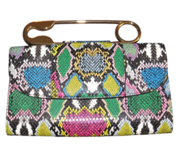 Multicolor Snake Print Clutch Bag Purse Gold Tone Safety Pin Handle Unique - £81.21 GBP