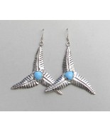 Large genuine turquoise silver earrings, triple leaf dangle, wind turbine - £72.29 GBP