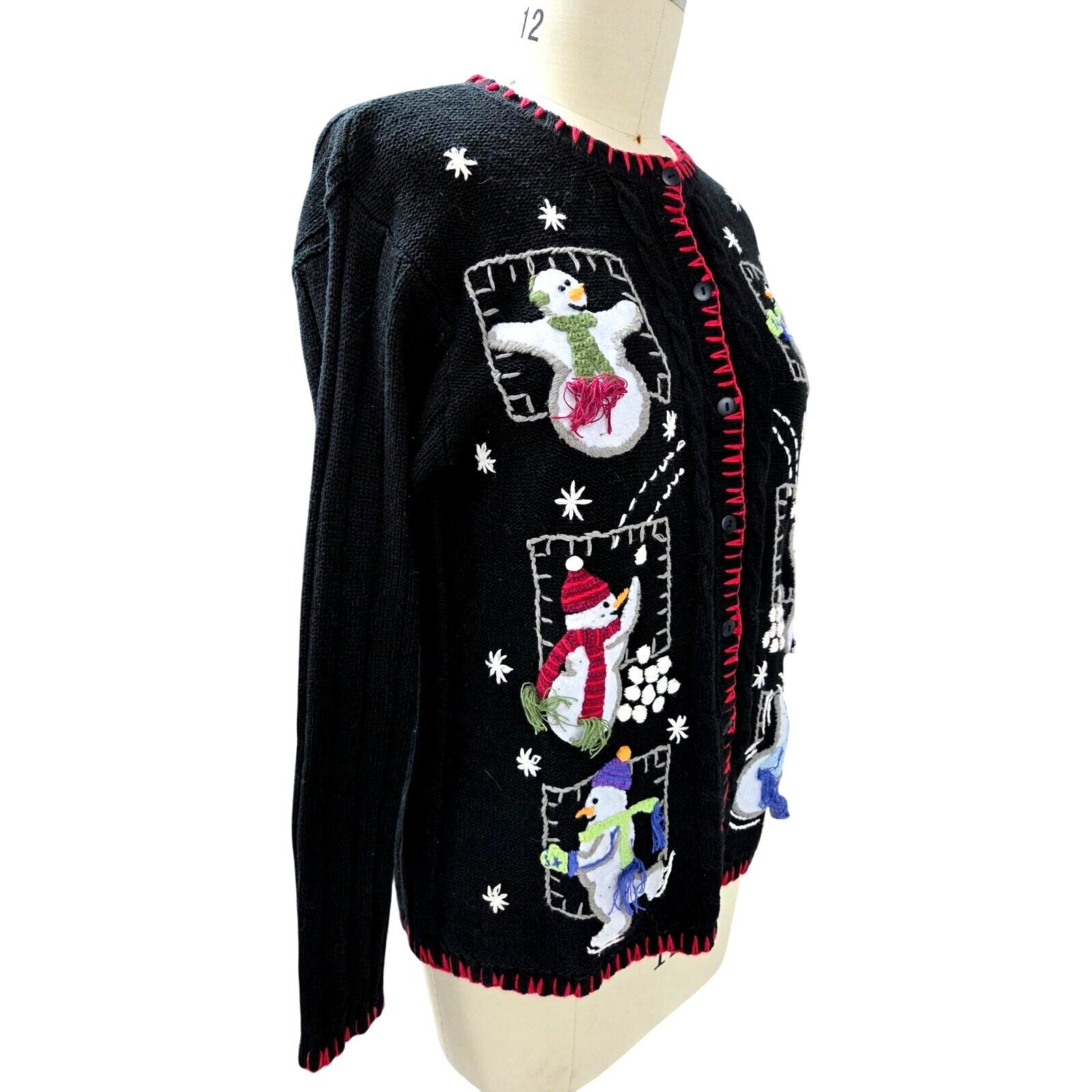 VTG 90S Quacker Factory Black 3D Red Trim Snowman Winter Cardigan Holiday L Item image 3