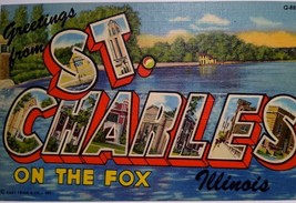Greetings From St. Charles On The Fox Illinois Large Big Letter Linen Postcard  - £94.86 GBP