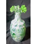 Vintage Art Glass Green White Ruffled Edge Top Flower Vase - $69.51 CAD
