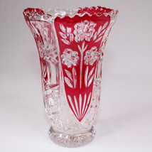 Fifth Avenue Crystal Rosaline Ruby And Clear Floral Scalloped Vase 6&quot; Inch Tall - £15.13 GBP