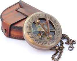 Brass Sundial Compass Push Open Compass with Leather Case and Chain Unique Gift - £22.86 GBP