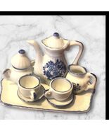 10 Pc Dollhouse Miniature Porcelain Tea Set for 2 with Tray Blue&amp; White - $12.16 CAD