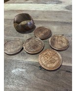 Hand Carved Wooden 6 pc Coaster Set w/ Brass Inlaid Holder - €11,06 EUR