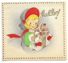 VINTAGE 1940s WWII ERA Christmas Greeting Card Art Deco HELLO Girl &amp; Gift - £11.86 GBP