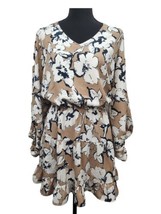 VICI Tyche V-Neck Mini Dress Sz S Tan w/ White Flowers Long Sleeve Ruffle Skirt - £17.60 GBP