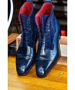 Handmade Men Two tone ankle boots, Men blue leather and suede lace up dr... - $3,368.10 MXN+