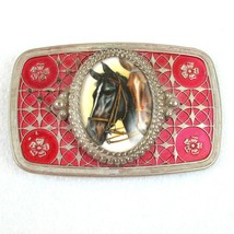 Vintage Horse Belt Buckle Silvertone Metal &amp; Enamel Floral Cowboy Western RARE - £27.90 GBP