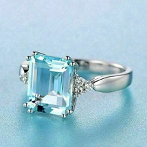4Ct Emerald Aqua Topaz Diamond Solitaire Engagement Ring 14k White Gold Finish - £79.80 GBP